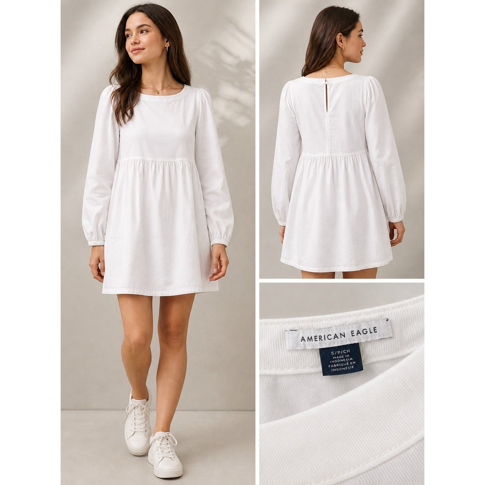 American Eagle White Cotton Long Sleeve Babydoll Mini Dress Small Pocket White